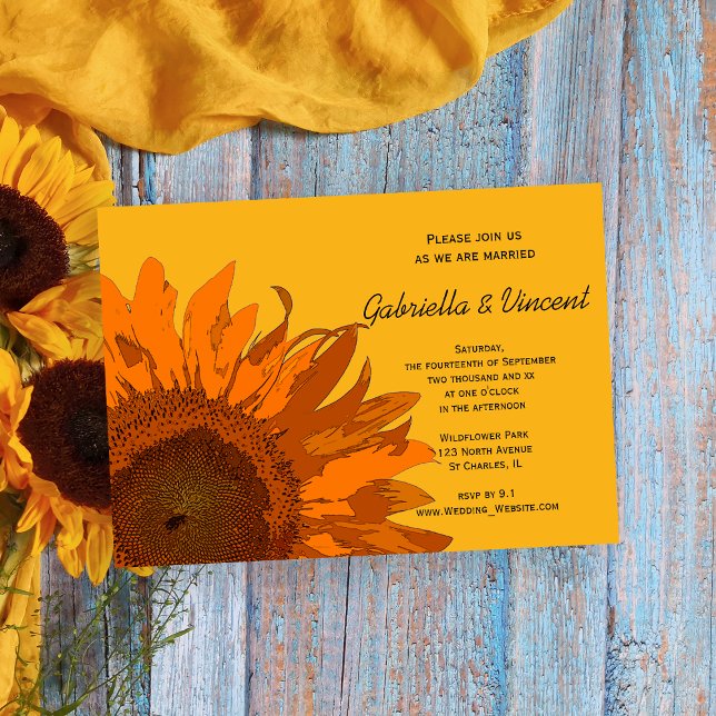 Convite Girassol Laranja no Casamento Amarelo (Invite guests to your summer or fall marriage with the Orange Sunflower Wedding Invitation.)