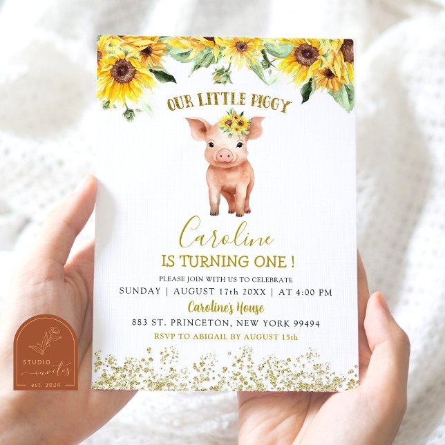 Convite Girassol Nosso Pequeno Porco Virando Um Aniversári (Criador carregado)