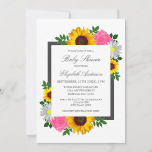 Convite Girassol Rosa Margarida Floral Chã de Bebê