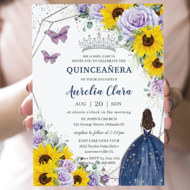 Convite Girassol Roxo Floral Marinho Azul Quinceañera (Criador carregado)