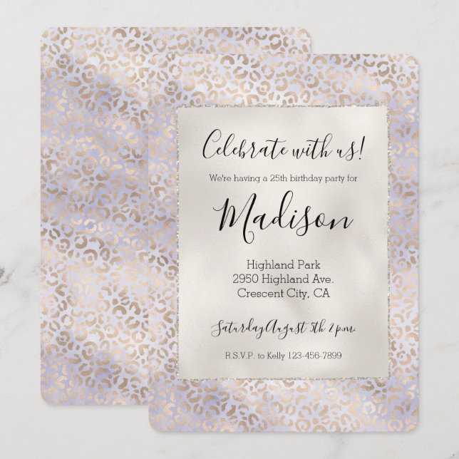 Convite Girassol Roxo Glam Dourado Leopard Print Watercolo (Frente/Verso)