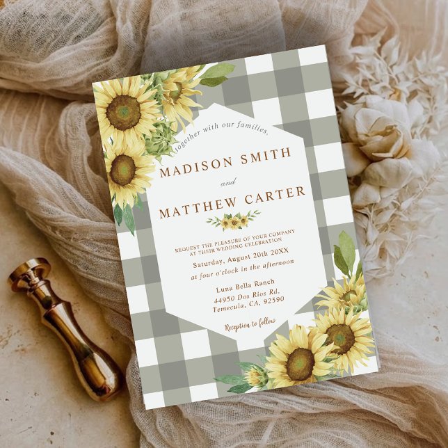Convite Girassol Rústico Xadrez de Búfalo de Quadros de No (Rustic Sunflower Gingham Buffalo Plaid Wedding Invitation)