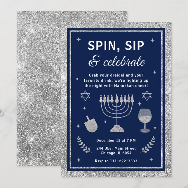 Convite Gire, Beba & Celebre a Festa de Hanukkah (Frente/Verso)