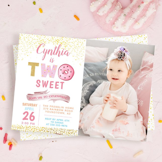 Convite Girl 2nd Birthday Invitation Two Sweet Donut Photo (Criador carregado)