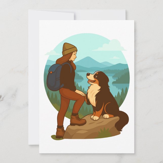 Convite Girl and Mountain Dog Adventure Illustration (Frente)