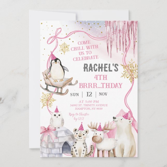 Convite Girl Arctic Animals Birthday Party Invitation (Frente)