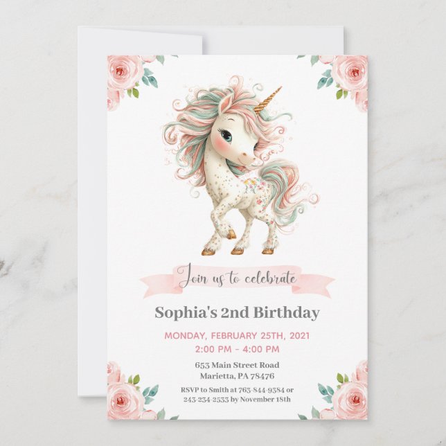 Convite Girl Baby Unicorn Birthday Party Invitation (Frente)