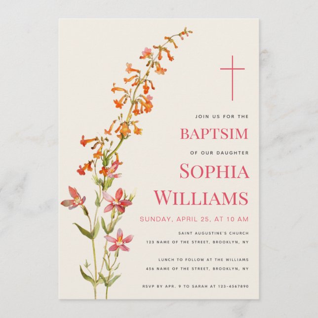 Convite  Girl Baptism Floral Watercolor Wildflowers (Frente)