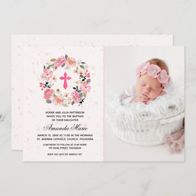 Convite Girl Baptism Watercolor Pink Floral Invitations (Frente/Verso)