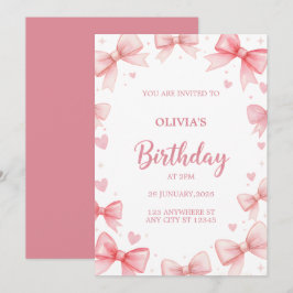 Convite Girl Birthday Invitation Pink Bow Sweet Kids Party