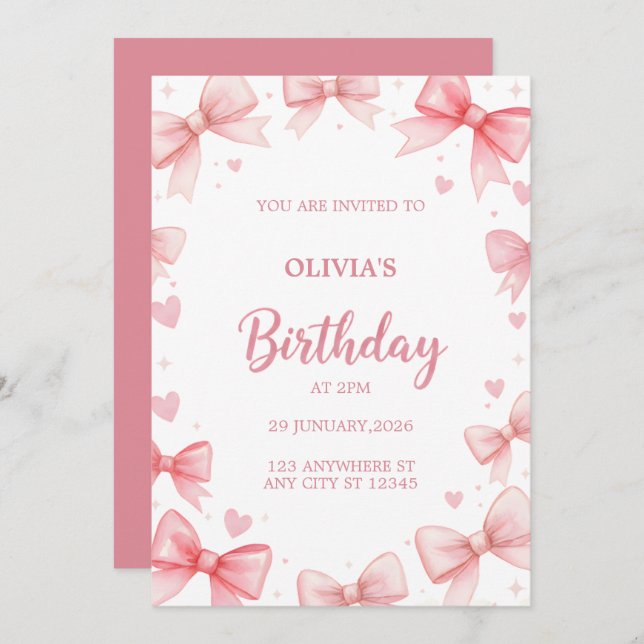 Convite Girl Birthday Invitation Pink Bow Sweet Kids Party (Frente/Verso)