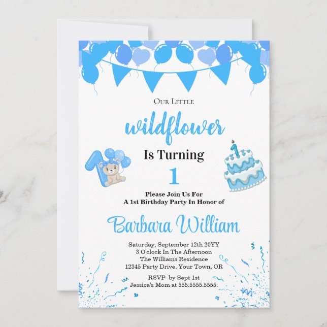 Convite Girl Blue Bear 1st Birthday Invitation Card (Frente)