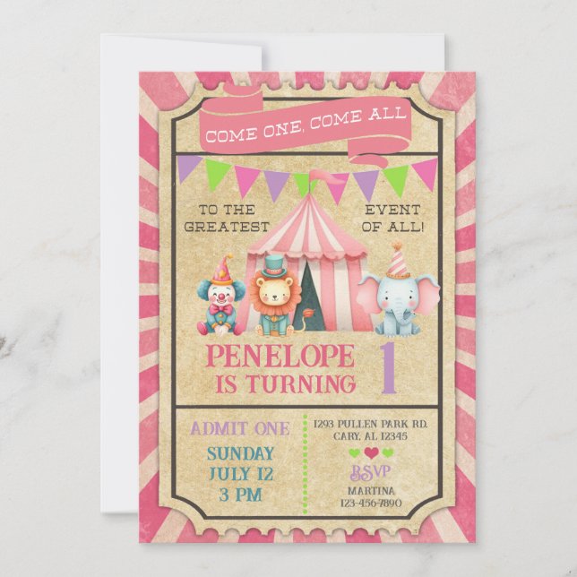 Convite Girl carnival / circus ticket pink birthday invite (Frente)