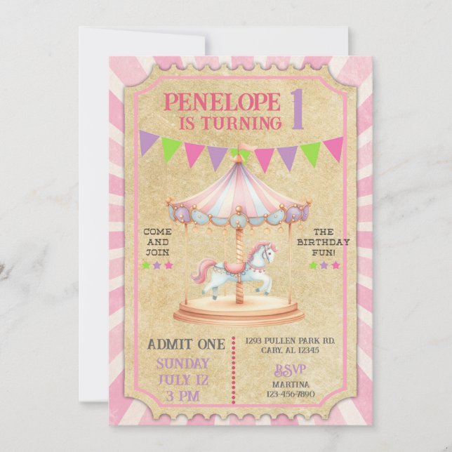 Convite Girl carnival merry go round birthday invite. (Frente)