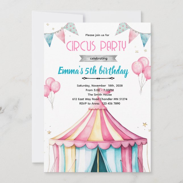 Convite Girl circus party theme invitation (Frente)