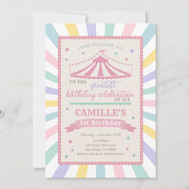Convite Girl Circus Theme Birthday Party Invitation (Frente)