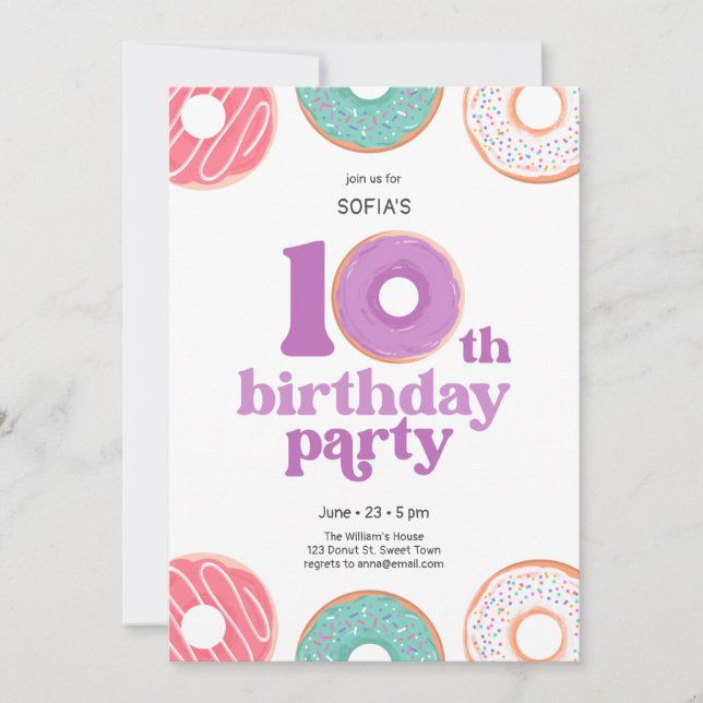 Convite Girl donut 10th Birthday Party Invitation (Frente)