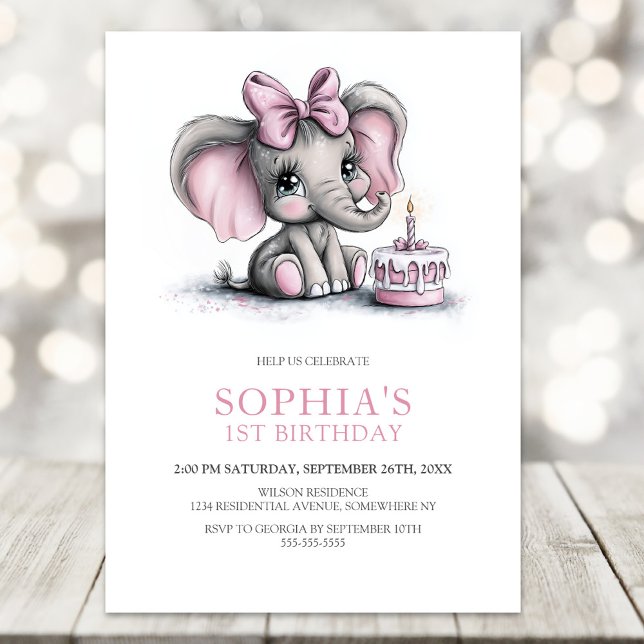 Convite Girl Elephant 1st Birthday Party Invitation (Criador carregado)