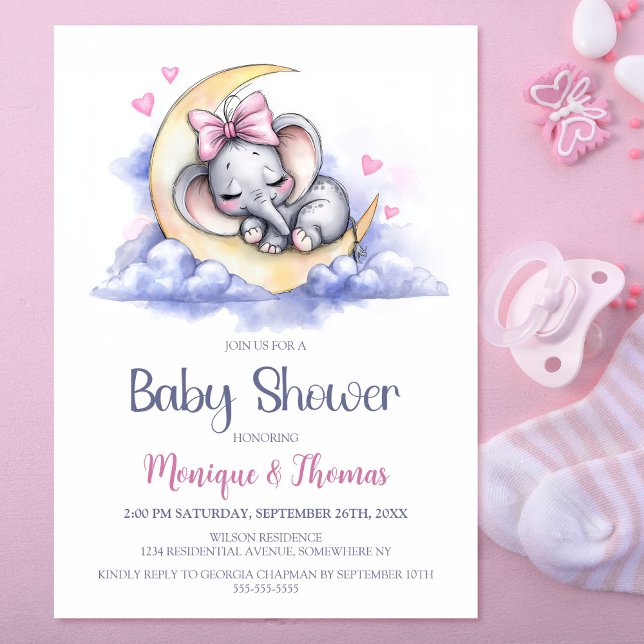Convite Girl Elephant Moon Baby Shower (Criador carregado)