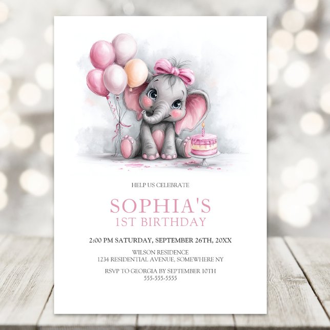 Convite Girl Elephant with Balloons 1st Birthday Party (Criador carregado)