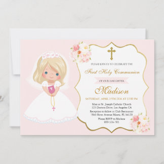 Convite Girl First Holy Communion Invitation Soft Pink