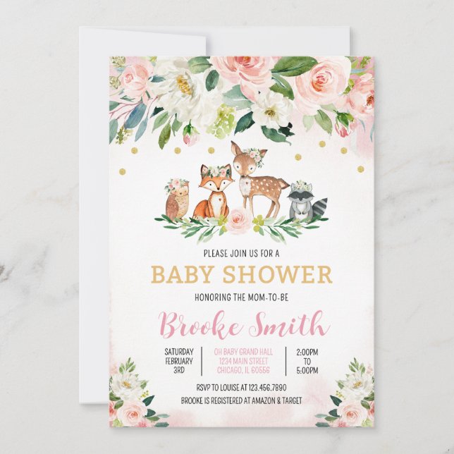 Convite Girl Floral Woodland Baby Shower (Frente)