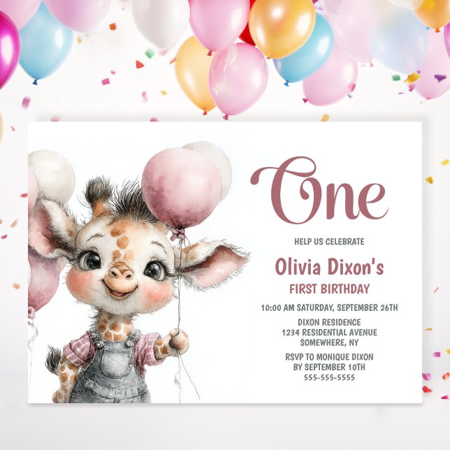 Convite Girl Giraffe 1st Birthday Party Invitation (Criador carregado)