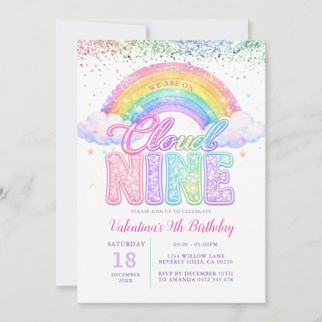 Convite Girl Glitter Rainbow Pastel Cloud Nine Birthday (Frente)