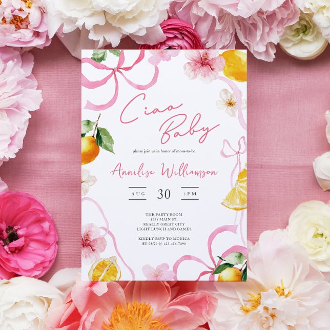 Convite Girl Lemon Ciao Baby Italian Baby Shower (Girls Ciao Baby Lemon Italian Baby Shower Invitation)