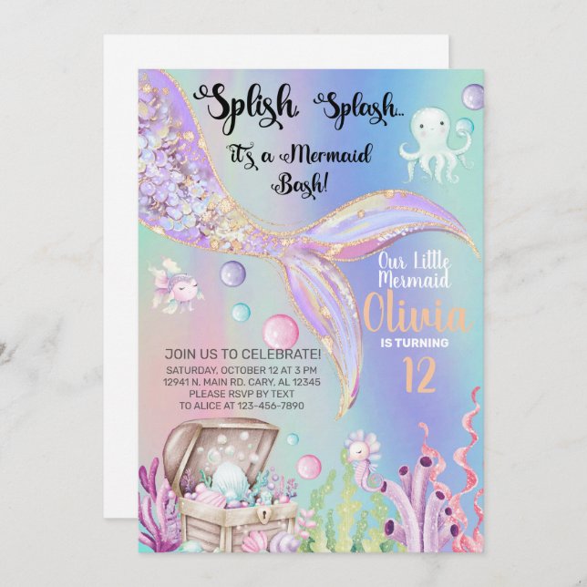 Convite Girl mermaid watercolor and gold birthday invite. (Frente/Verso)