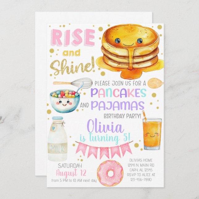 Convite Girl pancakes and pajama birthday party invite. (Frente/Verso)