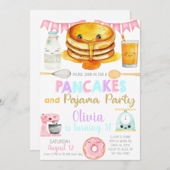 Convite Girl pancakes and pajama birthday party invite. (Frente/Verso)