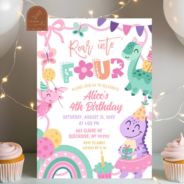 Convite Girl Pastel Dinosaur 4th Birthday invitation (Criador carregado)