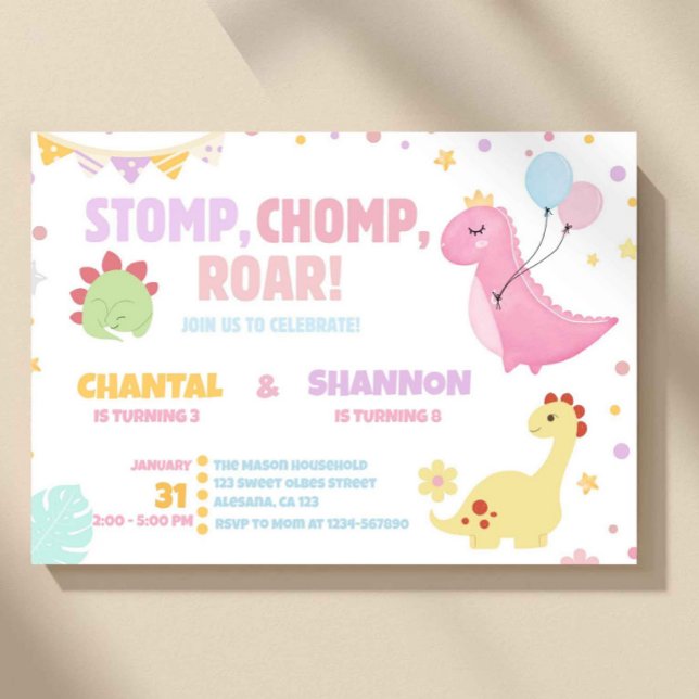 Convite Girl Pastel Pink Dinosaur Joint Birthday (dinosaur birthday invitation, joint birthday invite, sibling birthday invite, kids dino party invite)