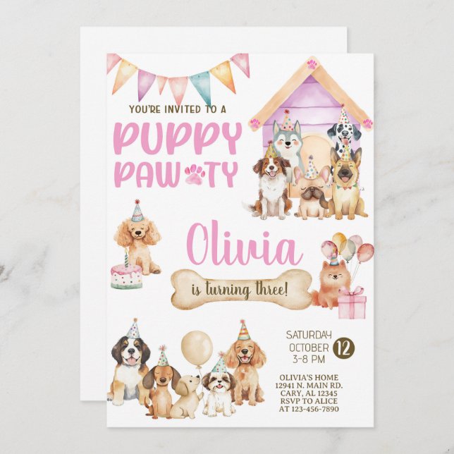 Convite Girl puppy / dogs birthday party invitation. (Frente/Verso)