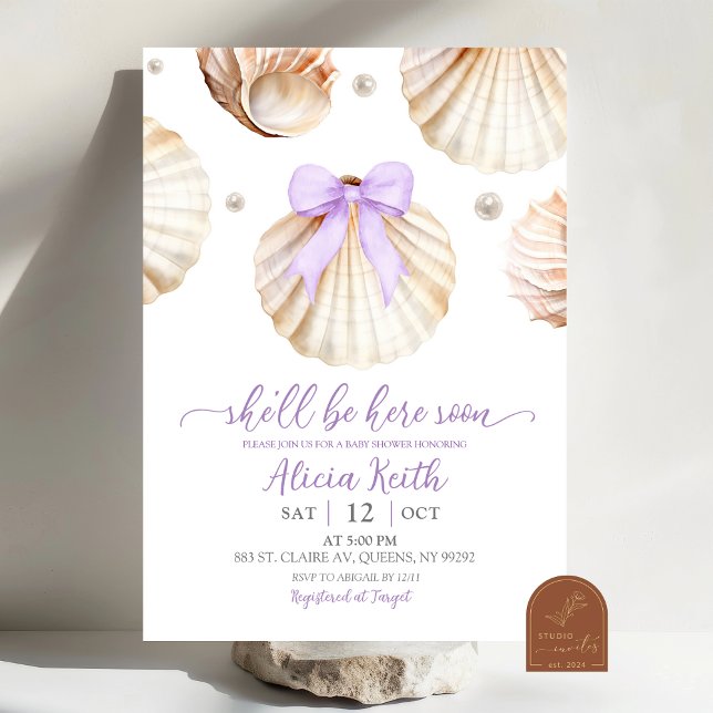 Convite Girl Purple Shell Baby Shower Invitation (Criador carregado)