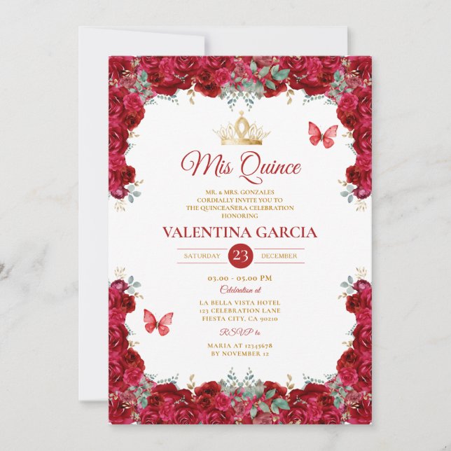 Convite Girl Red Quinceañera 15 Anos Flowers Gold Crown (Frente)