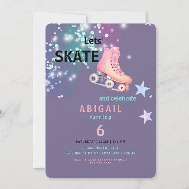Convite  Girl Roller Skating Purple Neon Birthday Party (Frente)