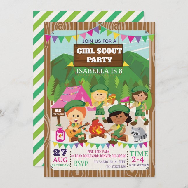 Convite Girl Scouts Camping Birthday Party  (Frente/Verso)