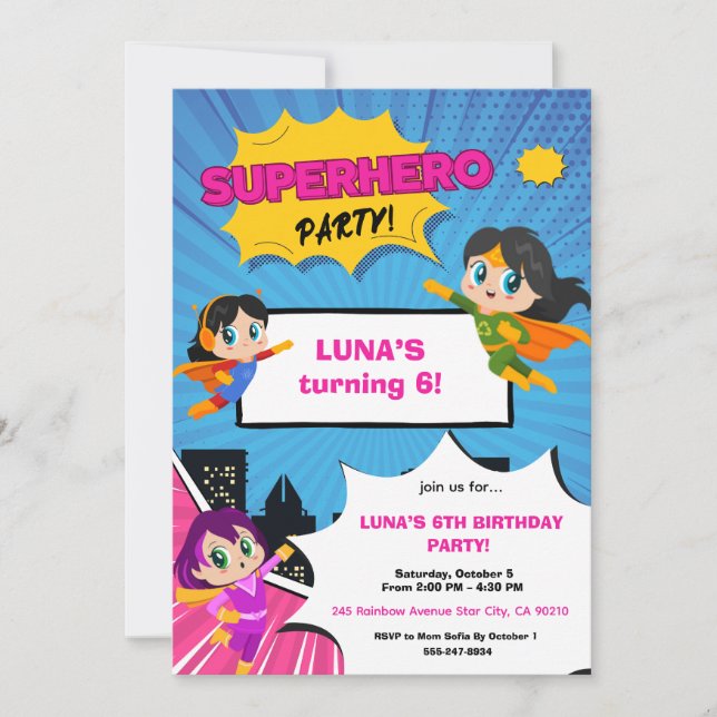 Convite Girl Superhero Birthday Invitation (Frente)