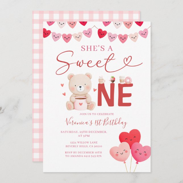 Convite Girl Sweet One Bear Valentine Birthday Gift Party (Frente/Verso)