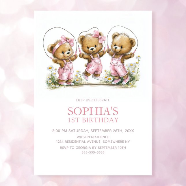 Convite Girl Teddy Bears In Pink Overalls 1st Birthday (Criador carregado)