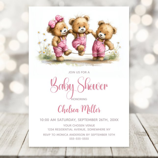 Convite Girl Teddy Bears in Pink Overalls Baby Shower (Criador carregado)