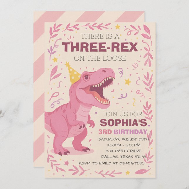 Convite Girl Three-Rex Dinosaur Birthday (Frente/Verso)