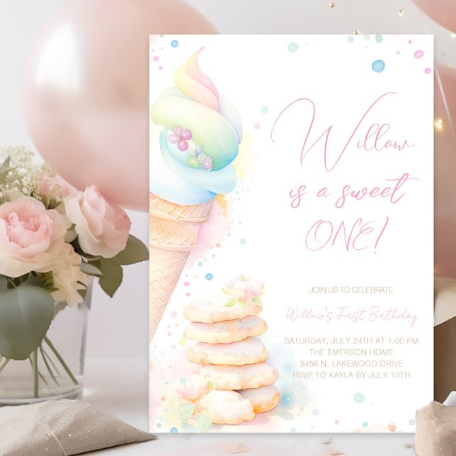 Convite Girl Watercolor Sweets One First Birthday (Pretty pastel sweet one first birthday invitation. Simply add your event details.)