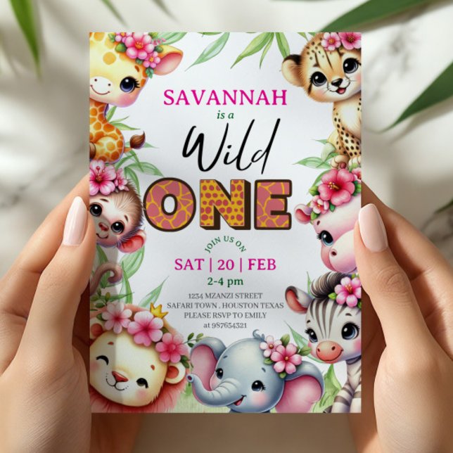 Convite Girl Wild One Jungle Safari Birthday Invitation (Criador carregado)