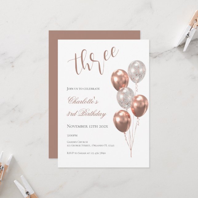 Convite Girl's 3rd birthday, with beige balloons (Frente/Verso In Situ)