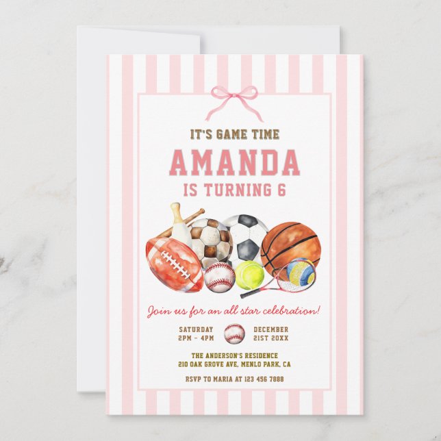 Convite Girls All Star Sports Ball Games Birthday Party (Frente)