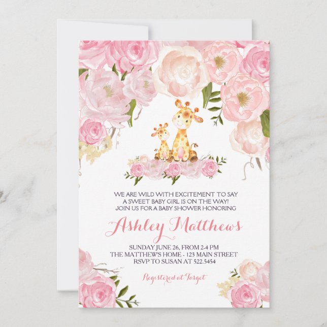 Convite Girls Baby Giraffe Baby Shower (Frente)