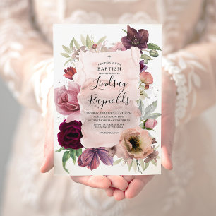 Convite Girls Baptism   Rosa empoeirado e Borgonha Vermelh